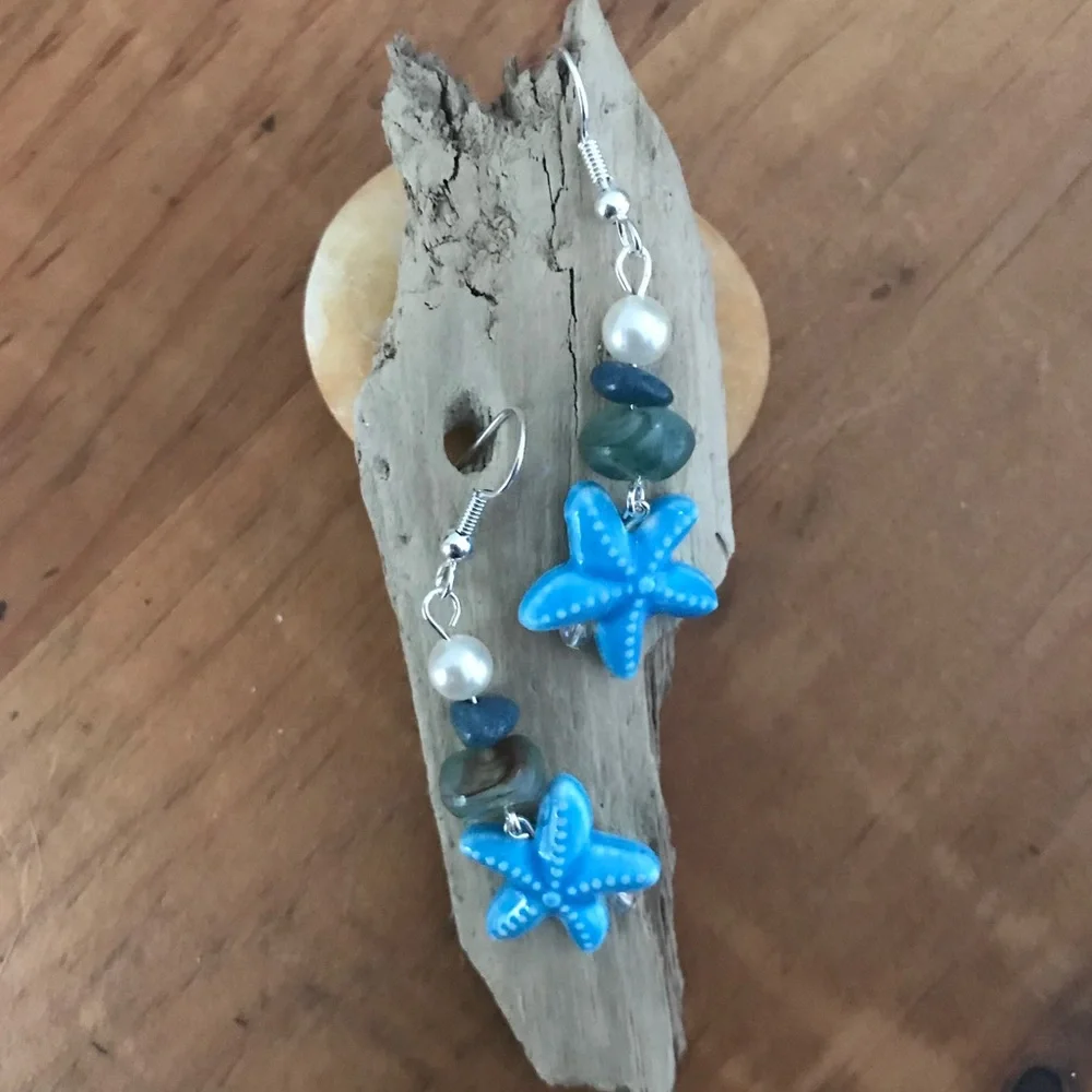 Handmade ⭐️ Coastal Sea Star x Beach Stones Summer Earrings